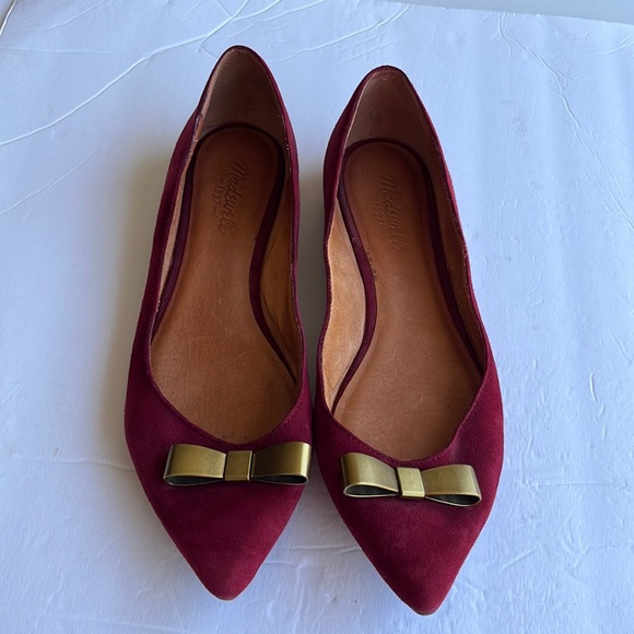 Madewell Bow Skimmer Burgundy Suede Pointy Toe Flats Size 9 - Picture 1 of 9